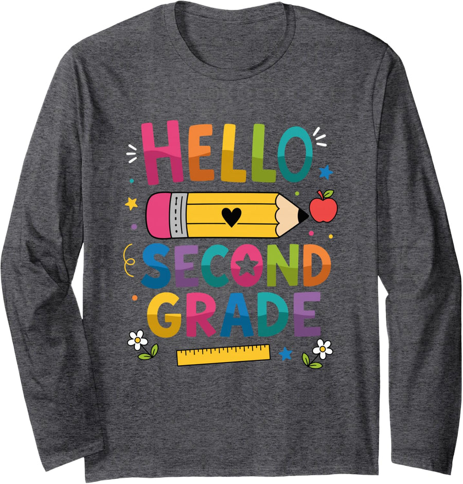 Hello 2nd Grade First Day Second Grade Back to School Kids Long Sleeve T-Shirt - Adult Unisex Dark Heather Grey