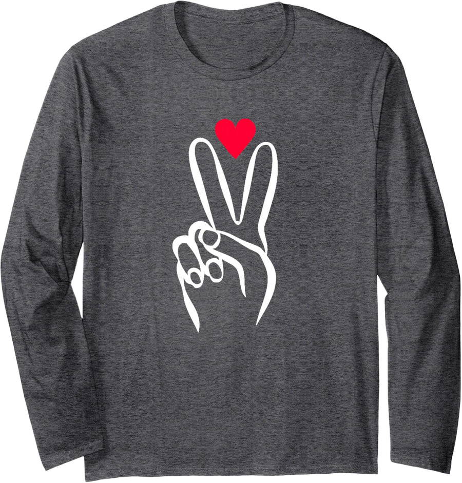 Peace and Love Hand Sign with Heart Long Sleeve T-Shirt - Adult Unisex Dark Heather Grey