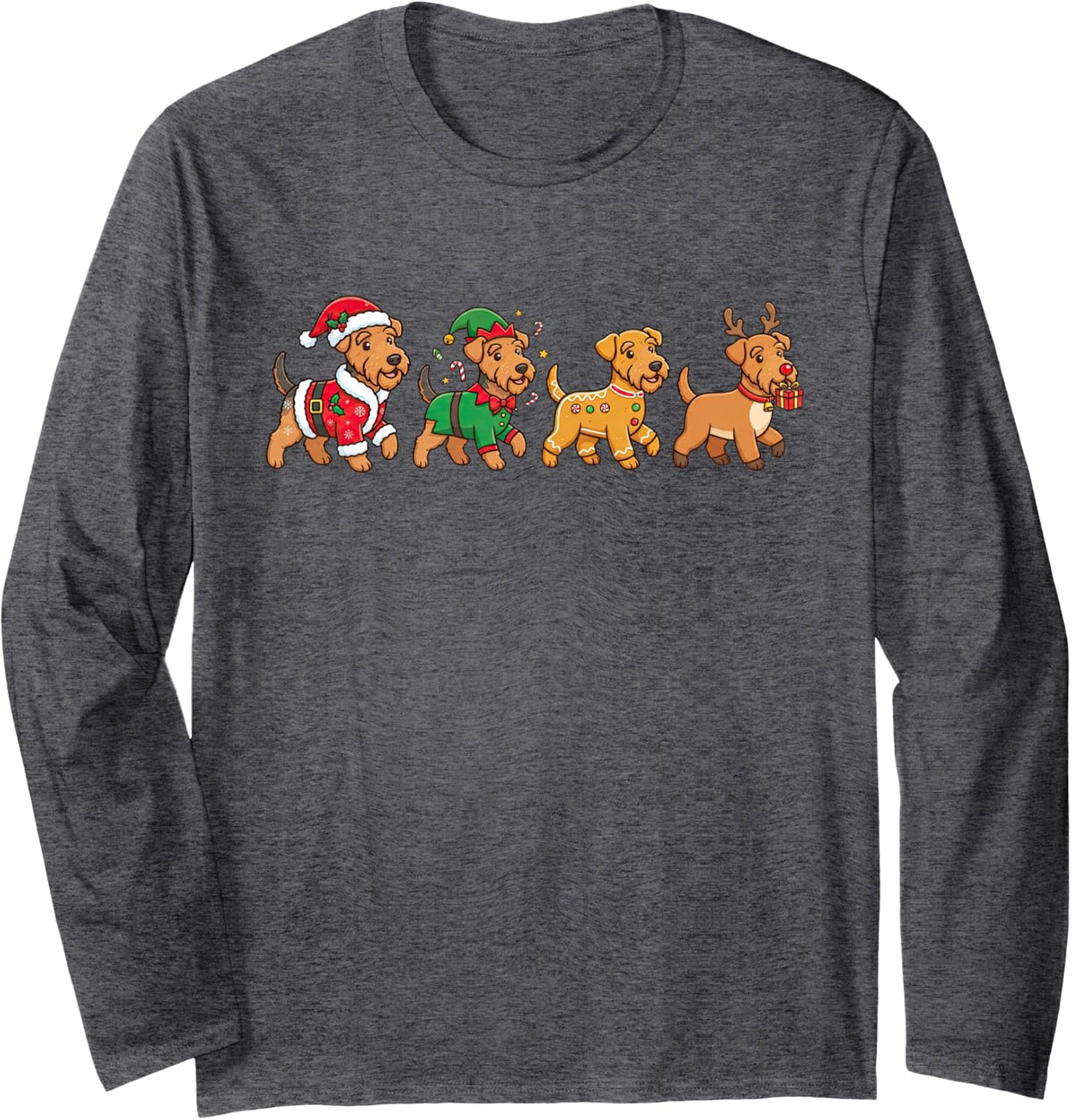 Funny Christmas Airedale Terrier Santa Elf Womens Mens Kids Long Sleeve T-Shirt - Adult Unisex Dark Heather Grey