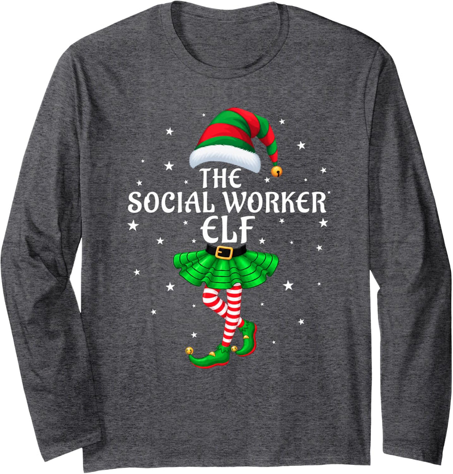 Social Worker Elf Christmas Family Matching Xmas Group Funny Long Sleeve T-Shirt - Adult Unisex Dark Heather Grey