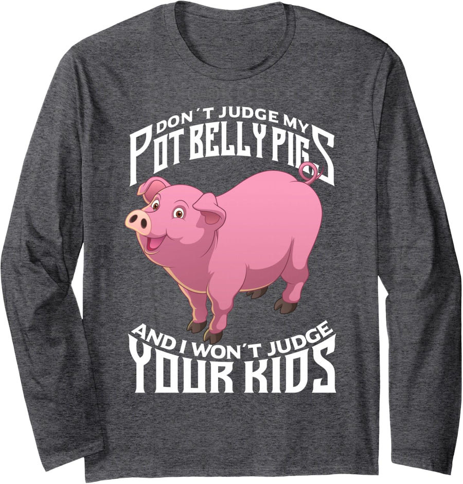 Funny Pig Cute Pot Belly Pig Long Sleeve T-Shirt - Adult Unisex Dark Heather Grey