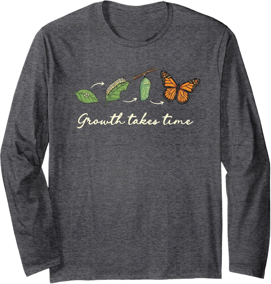 Growth Takes Time Mental Health Awareness Butterfly Positive Long Sleeve T-Shirt - Adult Unisex Dark Heather Grey
