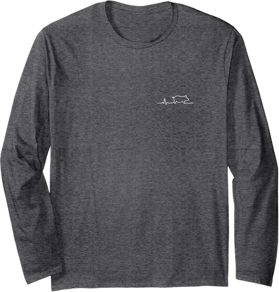 Pig Heartbeat Minimalist Farm Animal Design Long Sleeve T-Shirt - Adult Unisex Dark Heather Grey
