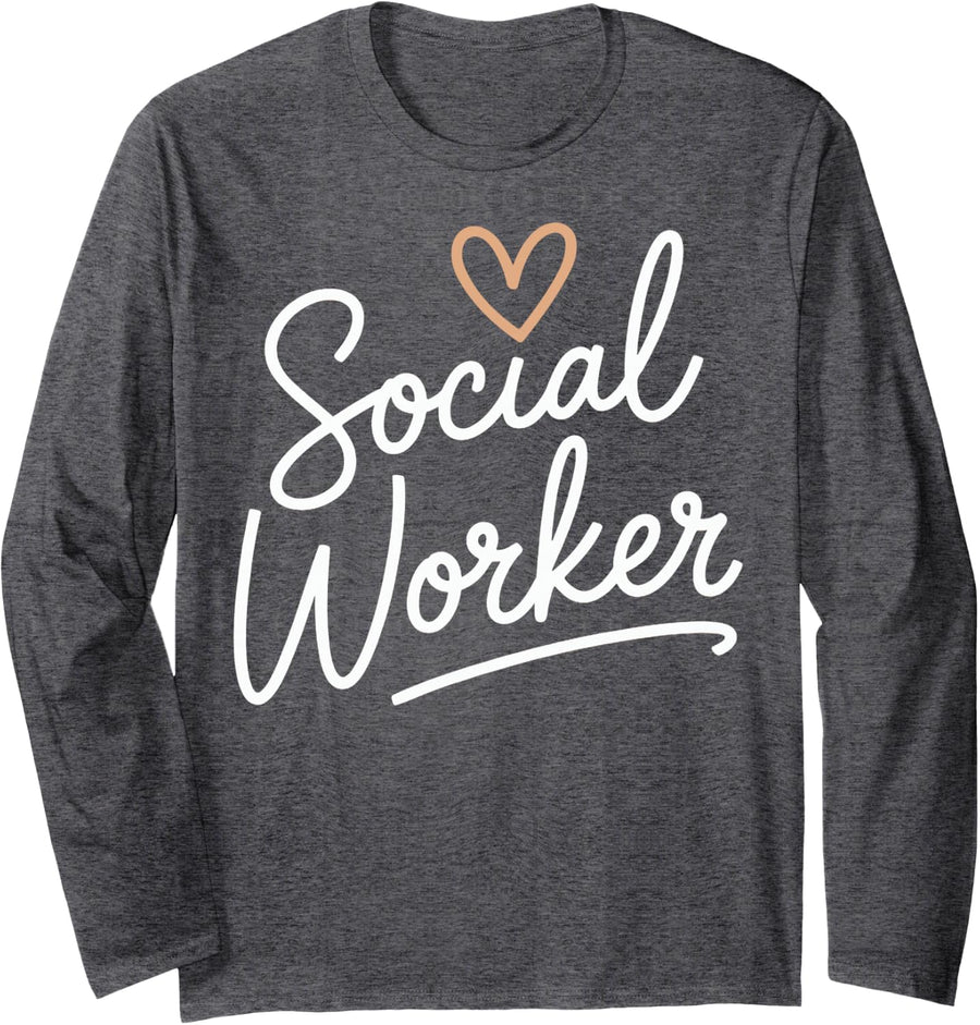 Elegant Social Worker Script Minimalist Compassion Heart Long Sleeve T-Shirt - Adult Unisex Dark Heather Grey