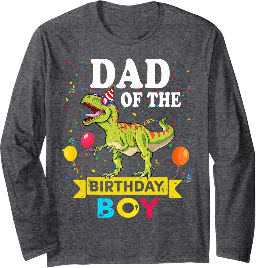 Dad Of The Birthday Boy Dinosaur T-Rex Matching Family Long Sleeve T-Shirt - Adult Unisex Dark Heather Grey