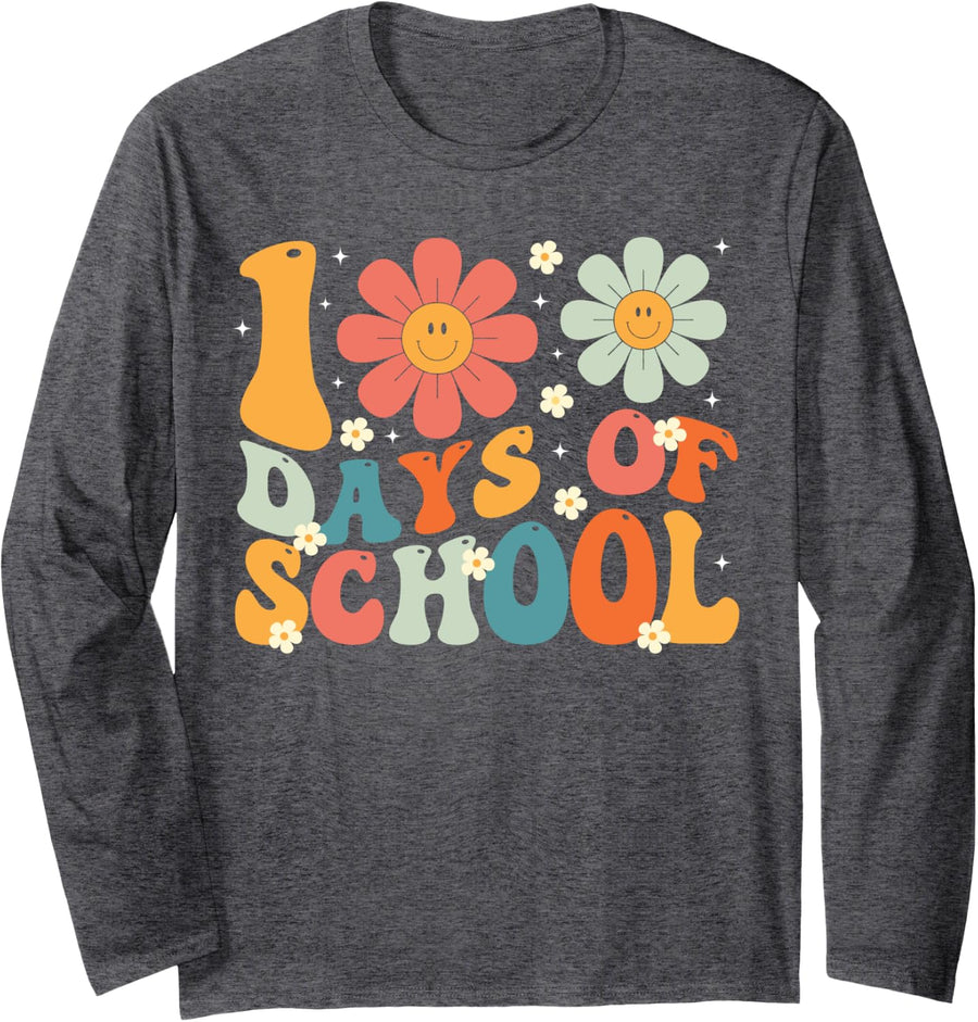 Groovy 100 Days Of School Cute 100th Day Student Teacher Long Sleeve T-Shirt - Adult Unisex Dark Heather Grey
