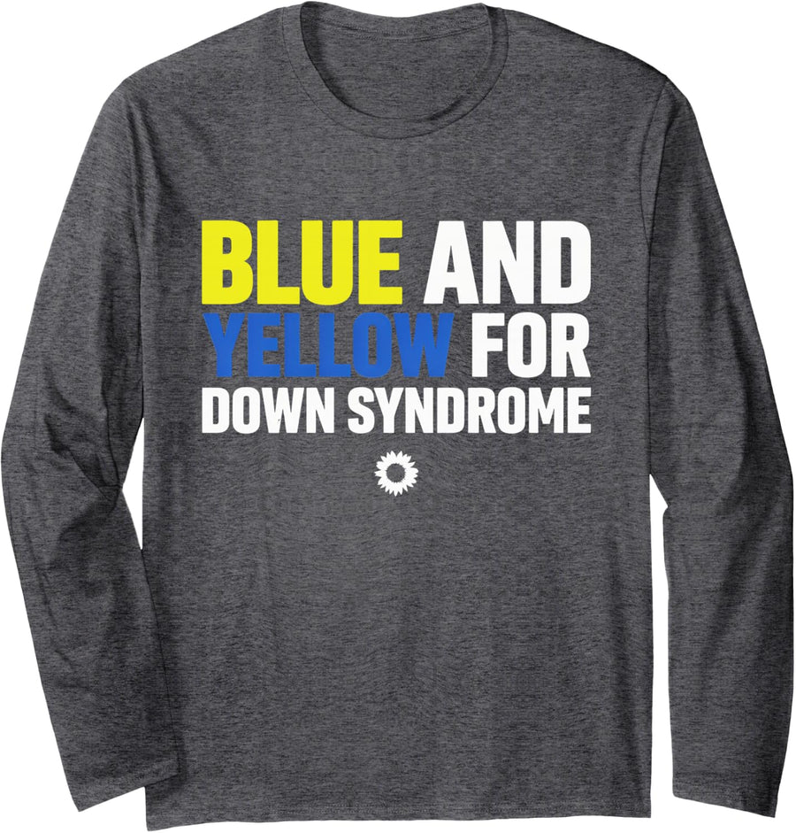 Blue and Yellow for Down Syndrome - Awareness Long Sleeve T-Shirt - Adult Unisex Dark Heather Grey
