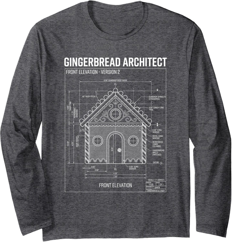 Gingerbread Architect Front Elevation Funny Engineer Long Sleeve T-Shirt - Adult Unisex Dark Heather Grey