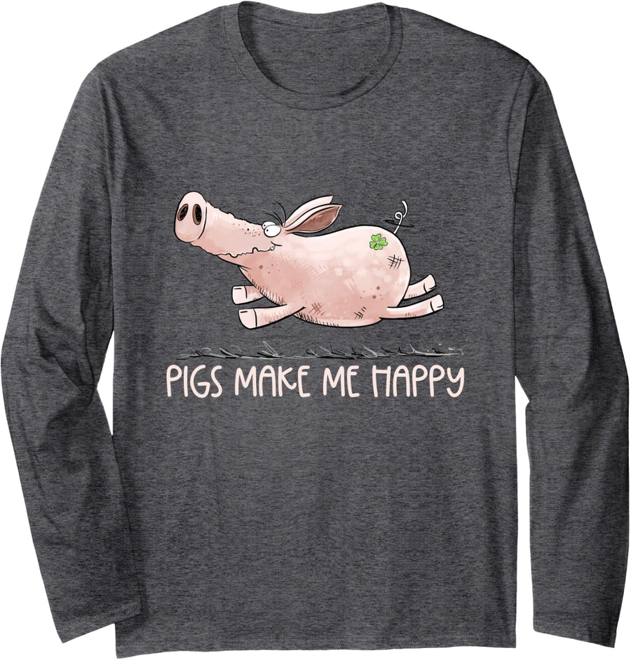 Funny Pig Lover Happy Pink Pig Farm Animal Cartoon Long Sleeve T-Shirt - Adult Unisex Dark Heather Grey