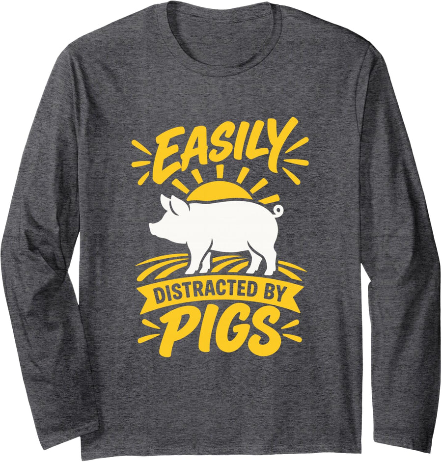 Easily Distracted By Pigs Long Sleeve T-Shirt - Adult Unisex Dark Heather Grey