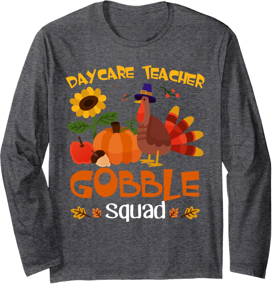 Daycare Teacher Gobble Squad Turkey Thanksgiving Long Sleeve T-Shirt - Adult Unisex Dark Heather Grey