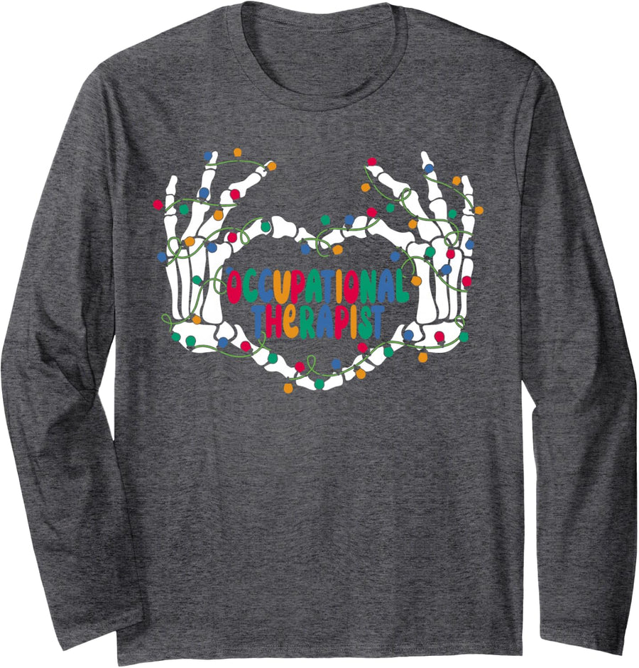 OT Occupational Therapy Skeleton Hand Heart Christmas Light Long Sleeve T-Shirt - Adult Unisex Dark Heather Grey