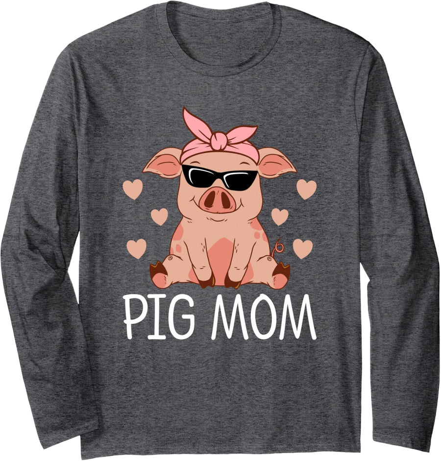 Pig Mom Women Funny Farmer Mama Long Sleeve T-Shirt - Adult Unisex Dark Heather Grey
