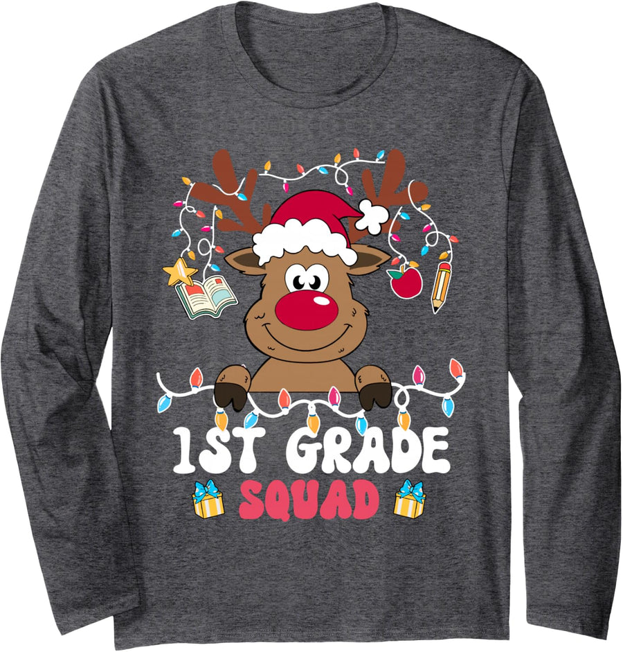 1st Grade Squad Reindeer Christmas First Grade Teacher Xmas Long Sleeve T-Shirt - Adult Unisex Dark Heather Grey