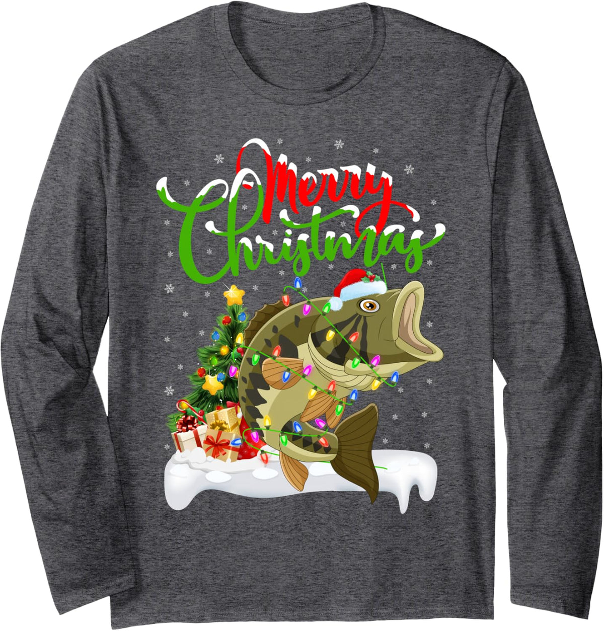Xmas Tree Lighting Santa Hat Bass Fish Christmas Long Sleeve T-Shirt - Adult Unisex Dark Heather Grey