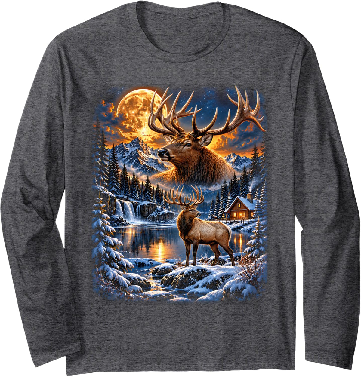 Winter Elk Mountain Lake Full Moon Wildlife Nature Lover Long Sleeve T-Shirt - Adult Unisex Dark Heather Grey
