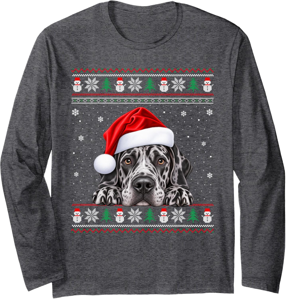 Great Dane Ugly Christmas Sweater Santa Hat Dog Xmas Long Sleeve T-Shirt - Adult Unisex Dark Heather Grey