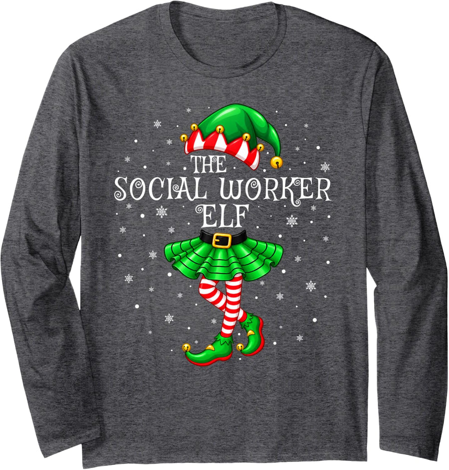 Social Worker Elf Christmas Matching Pajamas Xmas Elf Squad Long Sleeve T-Shirt - Adult Unisex Dark Heather Grey