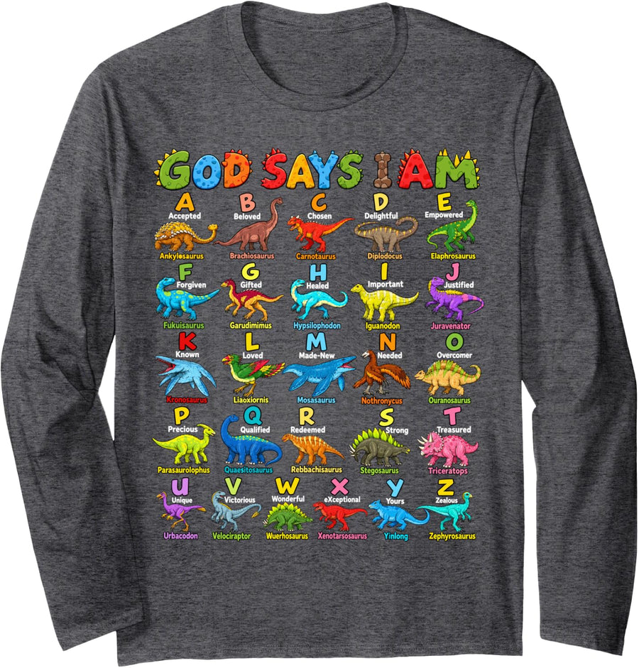Christian Teen Boy God Says I Am Alphabet Types of Dinosaurs Long Sleeve T-Shirt - Adult Unisex Dark Heather Grey