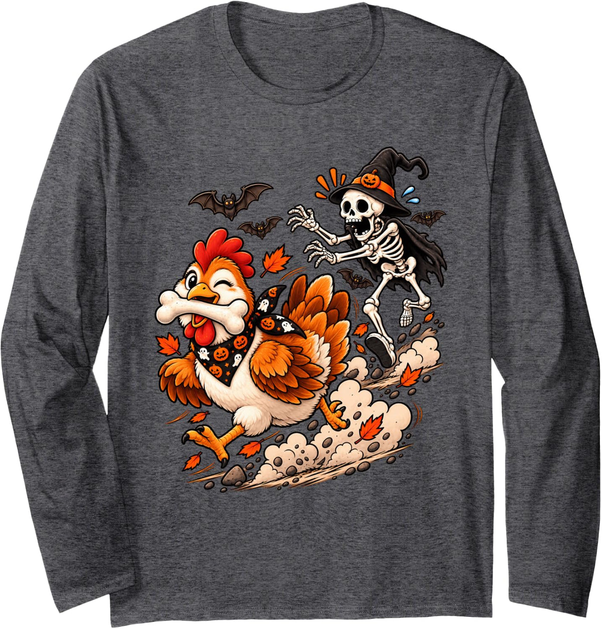 Funny Chicken Chased by Witch Skeleton Halloween Men Women Long Sleeve T-Shirt - Adult Unisex Dark Heather Grey