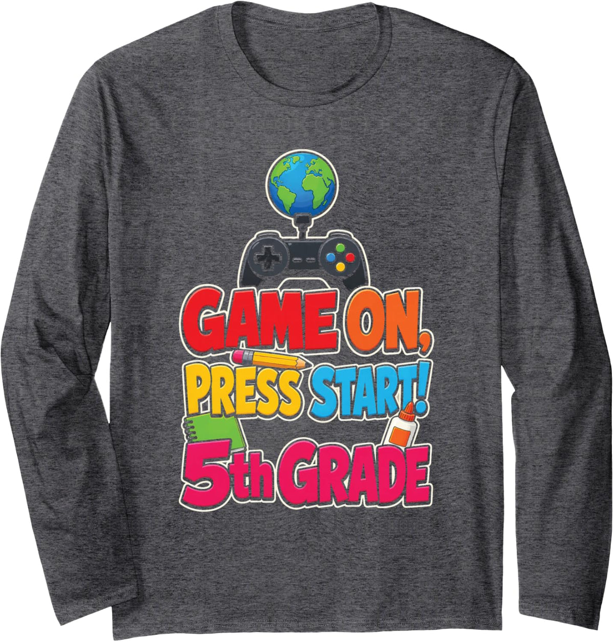 5th Grade Game On Press Start Gamer First Day Kids Long Sleeve T-Shirt - Adult Unisex Dark Heather Grey