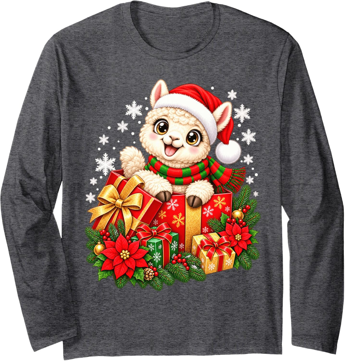 Cute Christmas Alpaca Santa Hat Winter Holiday Long Sleeve T-Shirt - Adult Unisex Dark Heather Grey
