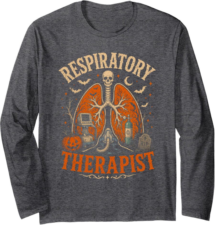 Respiratory Therapist Horror Lungs Halloween Medical Long Sleeve T-Shirt - Adult Unisex Dark Heather Grey