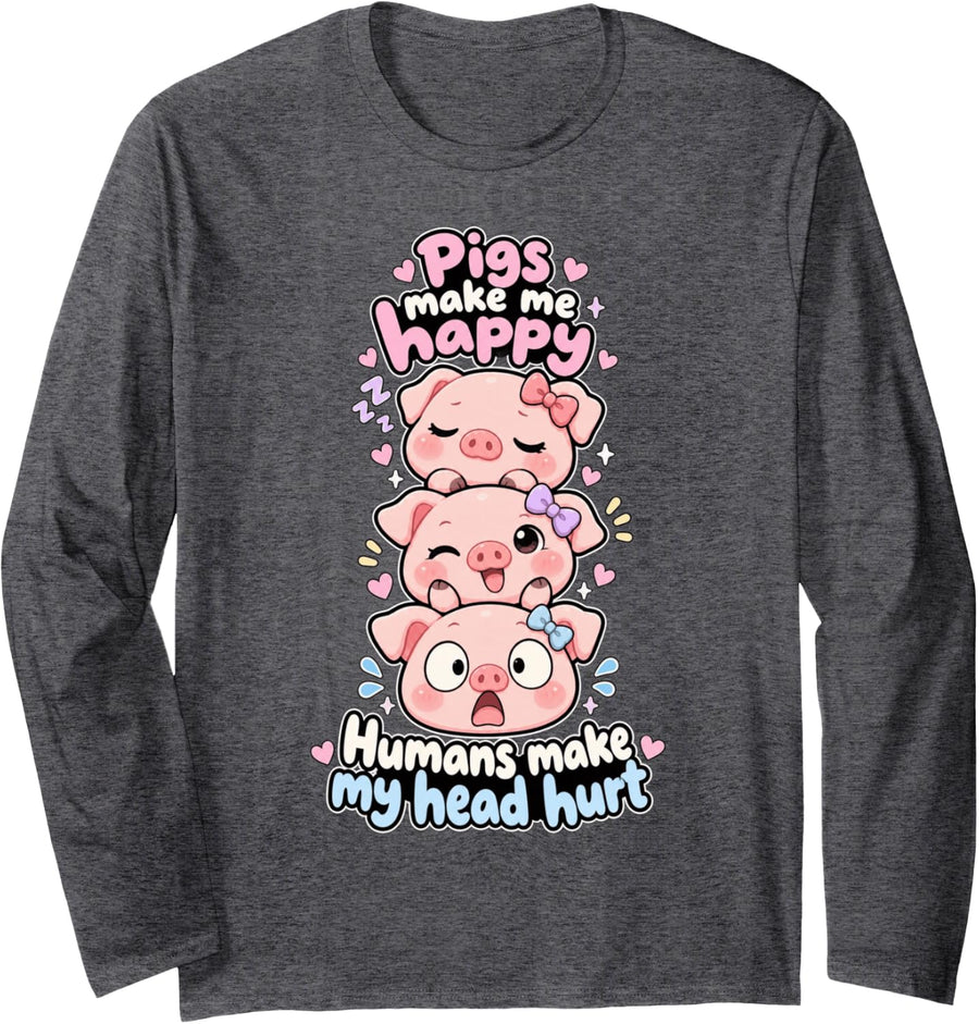 Pigs Make Me Happy Kawaii Piglet Three Little Piggy Heads Long Sleeve T-Shirt - Adult Unisex Dark Heather Grey