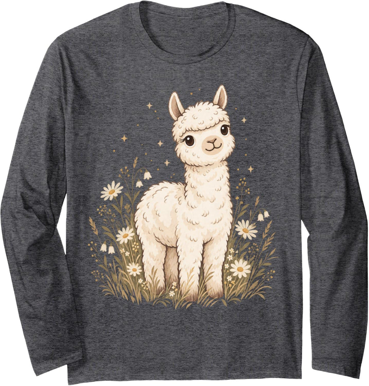 Cute Baby Alpaca in Wildflower Meadow Long Sleeve T-Shirt - Adult Unisex Dark Heather Grey