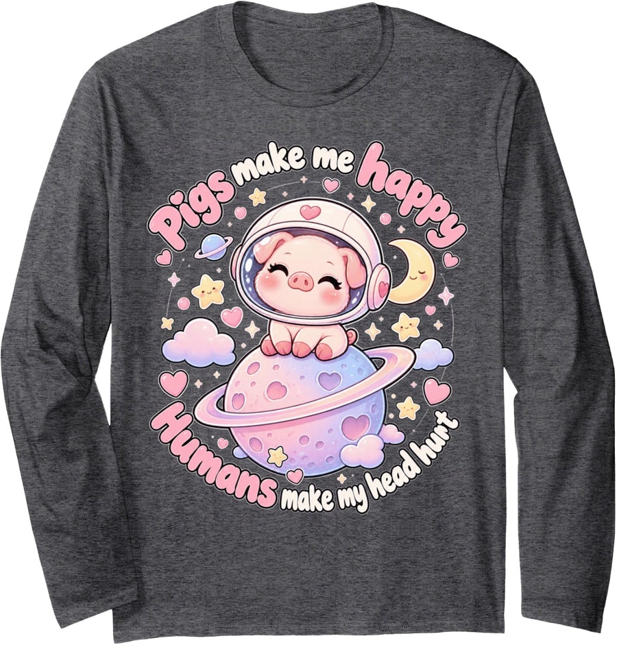 Pigs Make Me Happy Kawaii Piglet Funny Piggy Moon Long Sleeve T-Shirt - Adult Unisex Dark Heather Grey