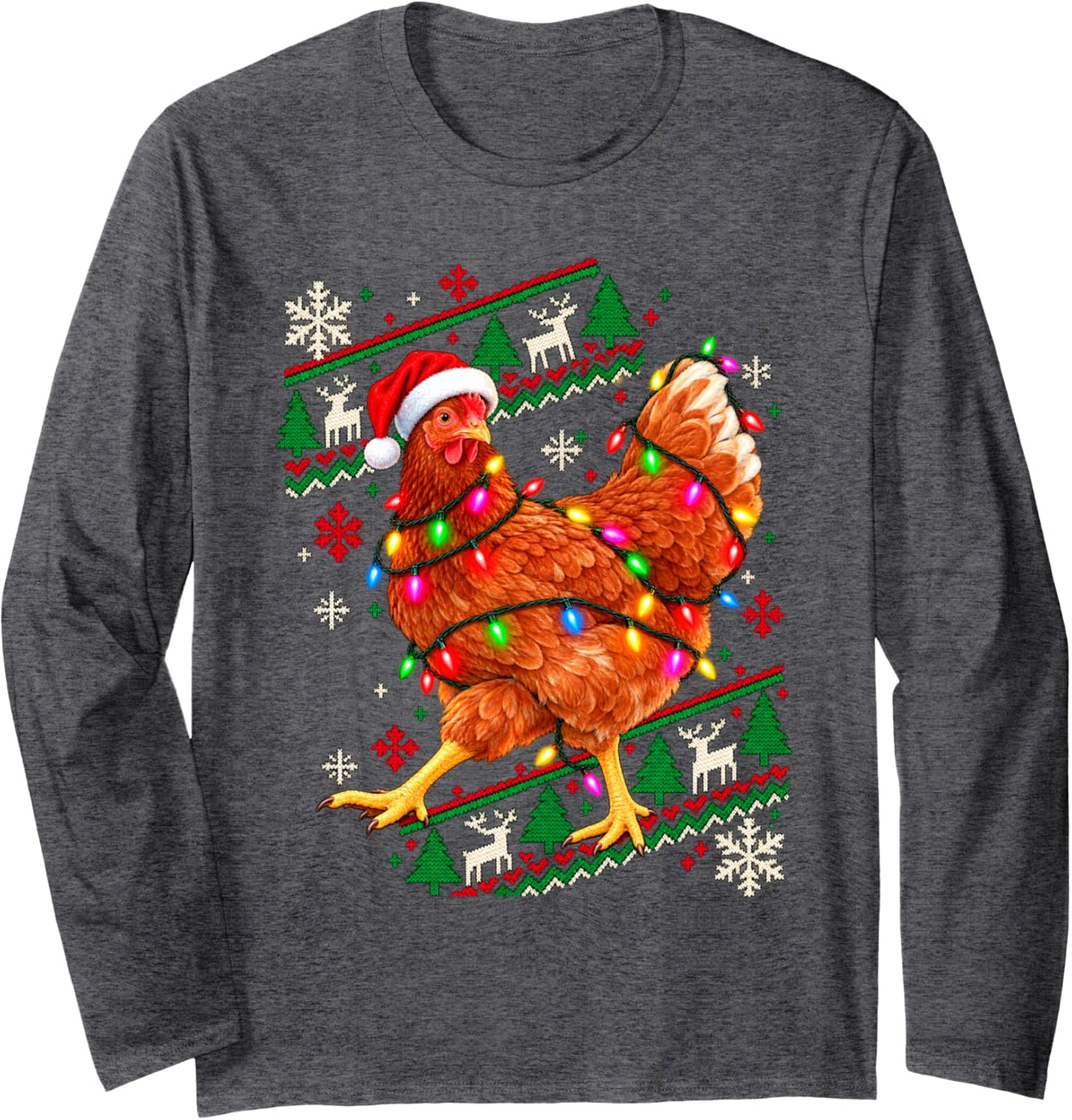 Christmas Chicken Playful Santa Hat Holiday Ornament Globe Long Sleeve T-Shirt - Adult Unisex Dark Heather Grey
