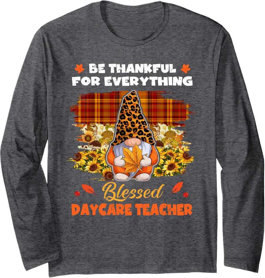 Thankful Blessed Daycare Teacher Gnome Thanksgiving Long Sleeve T-Shirt - Adult Unisex Dark Heather Grey