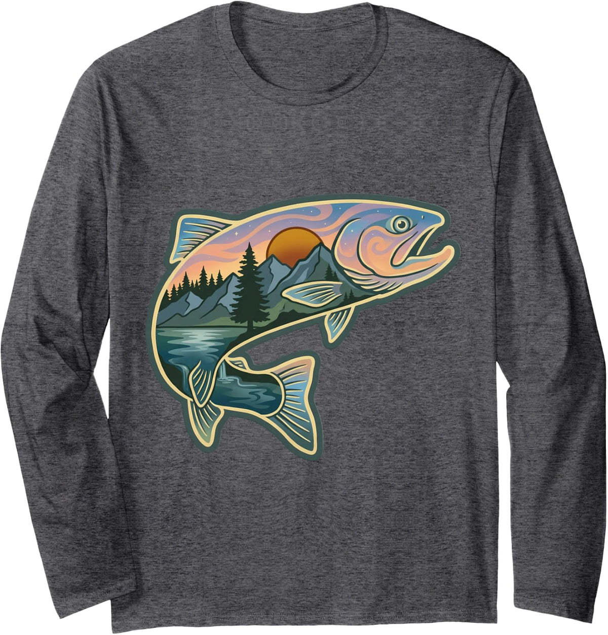 Nature Trout Illustration Vintage Fly Fishing Retro Fisher Long Sleeve T-Shirt - Adult Unisex Dark Heather Grey