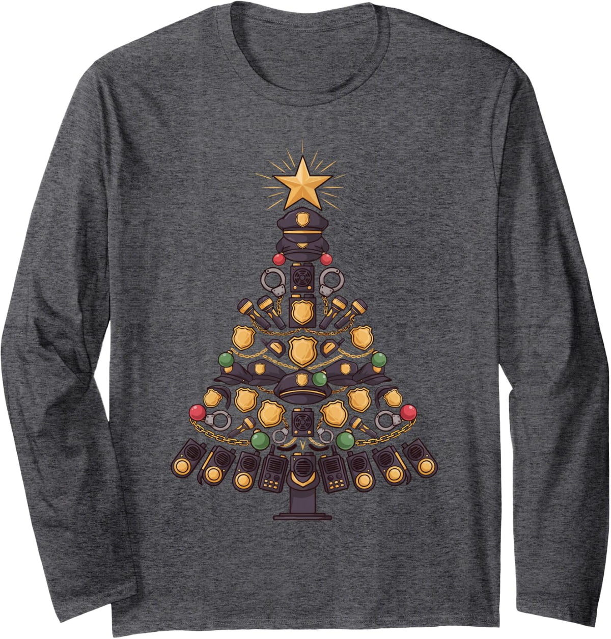 Police Officer Christmas Tree Long Sleeve T-Shirt - Adult Unisex Dark Heather Grey