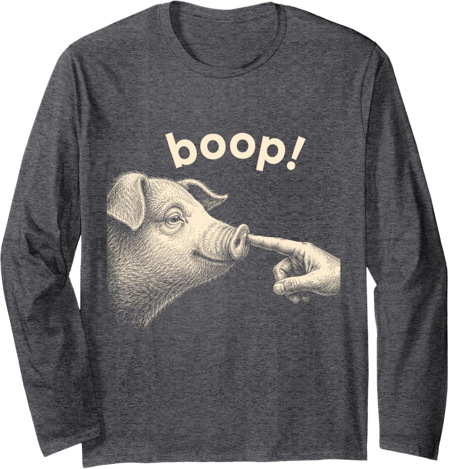 Pig Boop Funny Farm Animal Lover Cute Swine Barnyard Farming Long Sleeve T-Shirt - Adult Unisex Dark Heather Grey