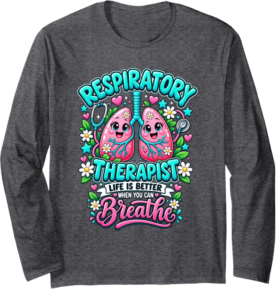 Respiratory Therapist Kawaii Lungs Breathing Care Long Sleeve T-Shirt - Adult Unisex Dark Heather Grey