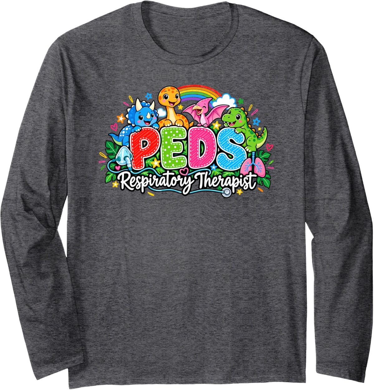 PEDS Pediatric Respiratory Therapist Dino Medical Profession Long Sleeve T-Shirt - Adult Unisex Dark Heather Grey