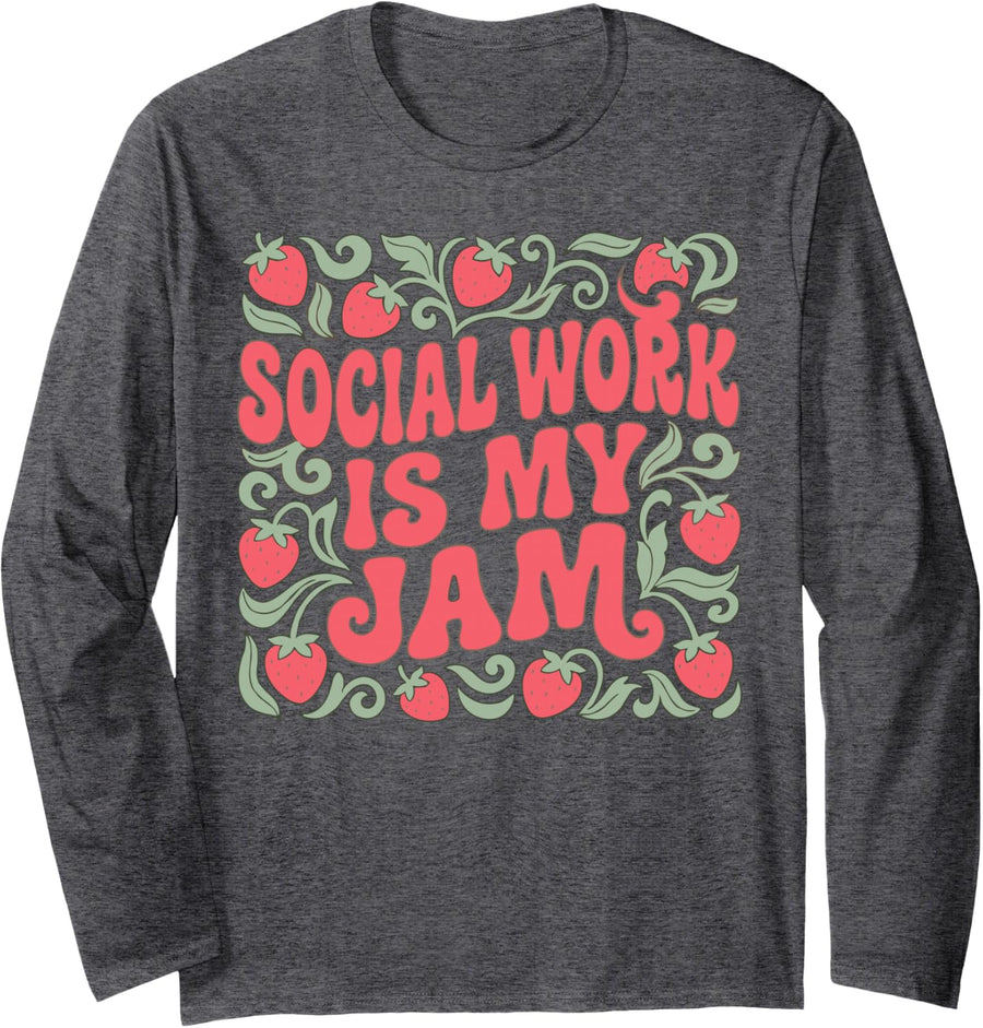 Social Work is My Jam Retro Groovy Social Worker Month Long Sleeve T-Shirt - Adult Unisex Dark Heather Grey