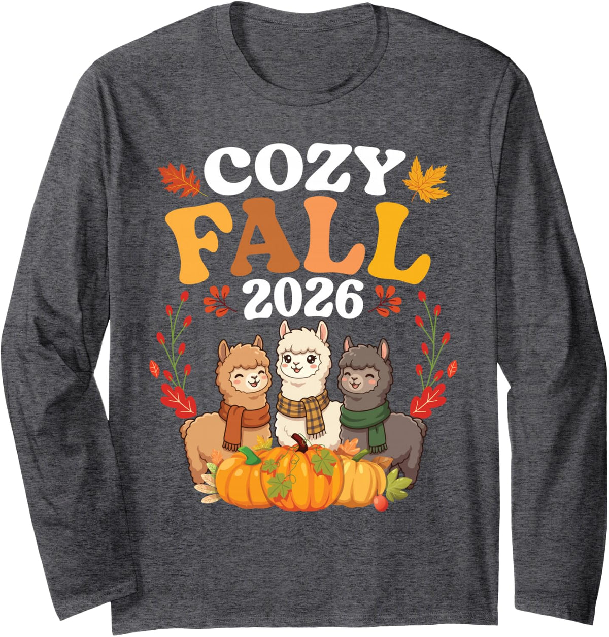 Cozy Fall 2026 Cute Alpaca Together Autumn Leaves Pumpkin Long Sleeve T-Shirt - Adult Unisex Dark Heather Grey