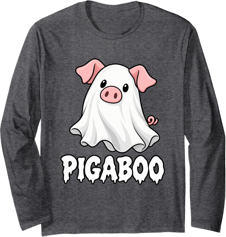 Piga-Boo Funny Cute Pig Ghost Halloween Costume Long Sleeve T-Shirt - Adult Unisex Dark Heather Grey