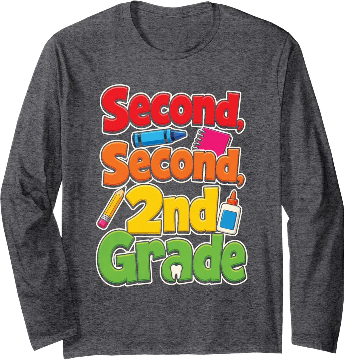 2nd Grade Second Elementary First Day Loose Tooth Kids Long Sleeve T-Shirt - Adult Unisex Dark Heather Grey