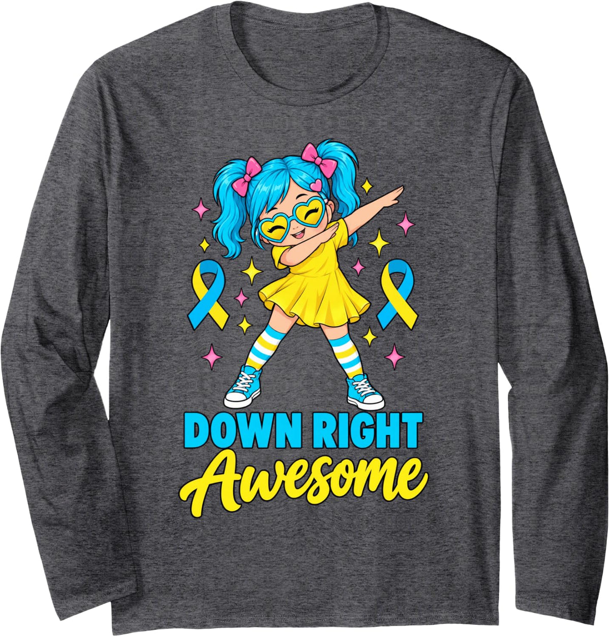 Down Syndrome Awareness Day Down Right Awesome Girls Women Long Sleeve T-Shirt - Adult Unisex Dark Heather Grey