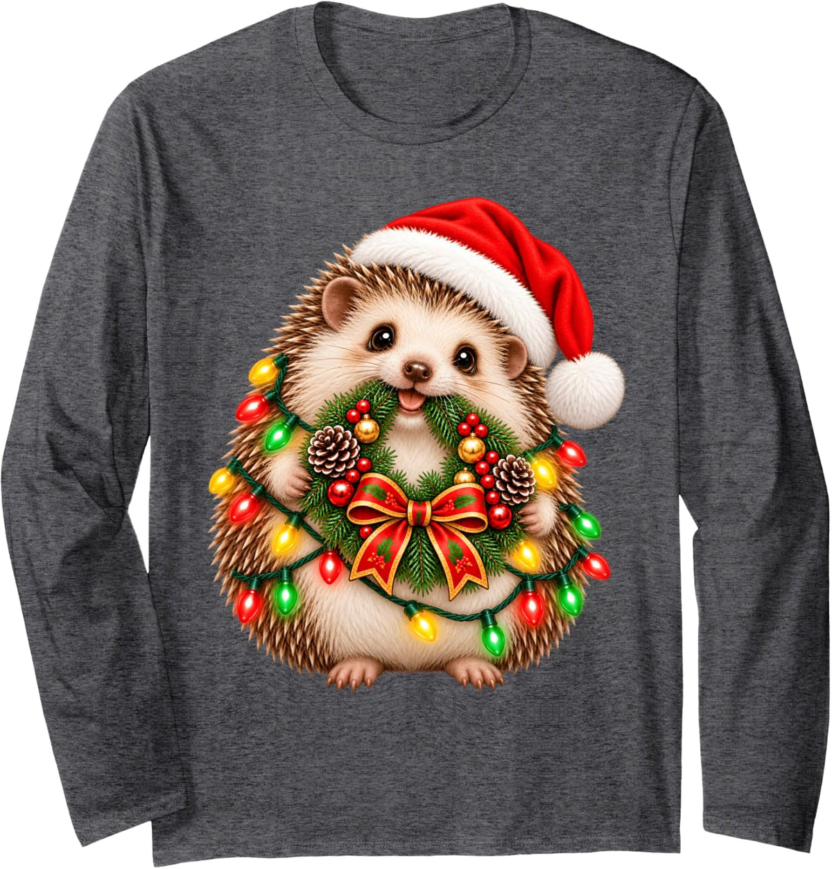 Funny Hedgehog Christmas Wreath Decoration Xmas Pajamas Long Sleeve T-Shirt - Adult Unisex Dark Heather Grey