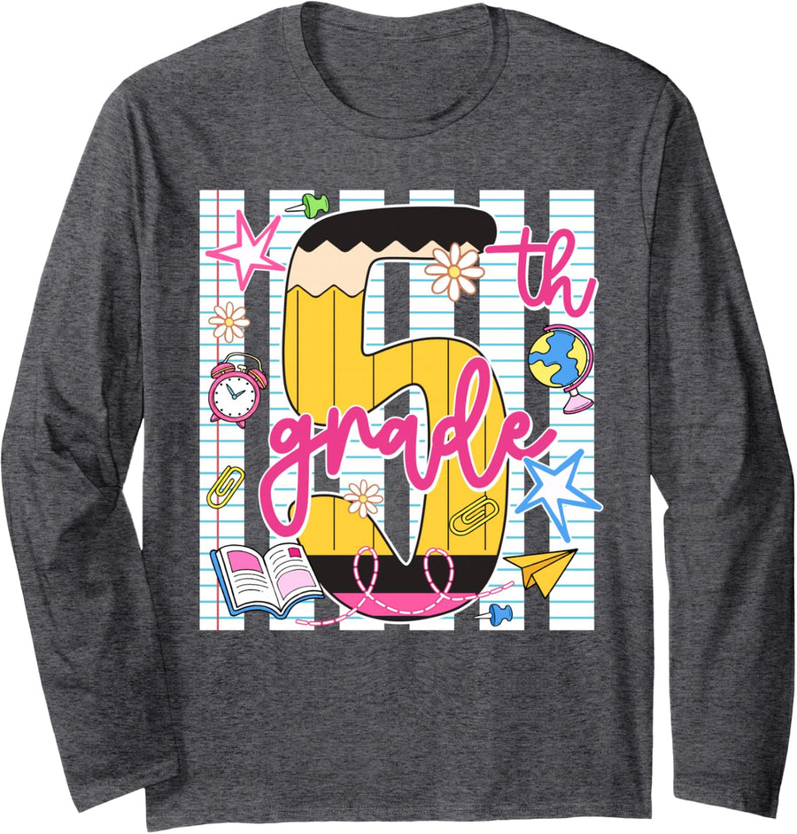 Fifth Grade Cute Pencil First Day of School Student Teacher Long Sleeve T-Shirt - Adult Unisex Dark Heather Grey