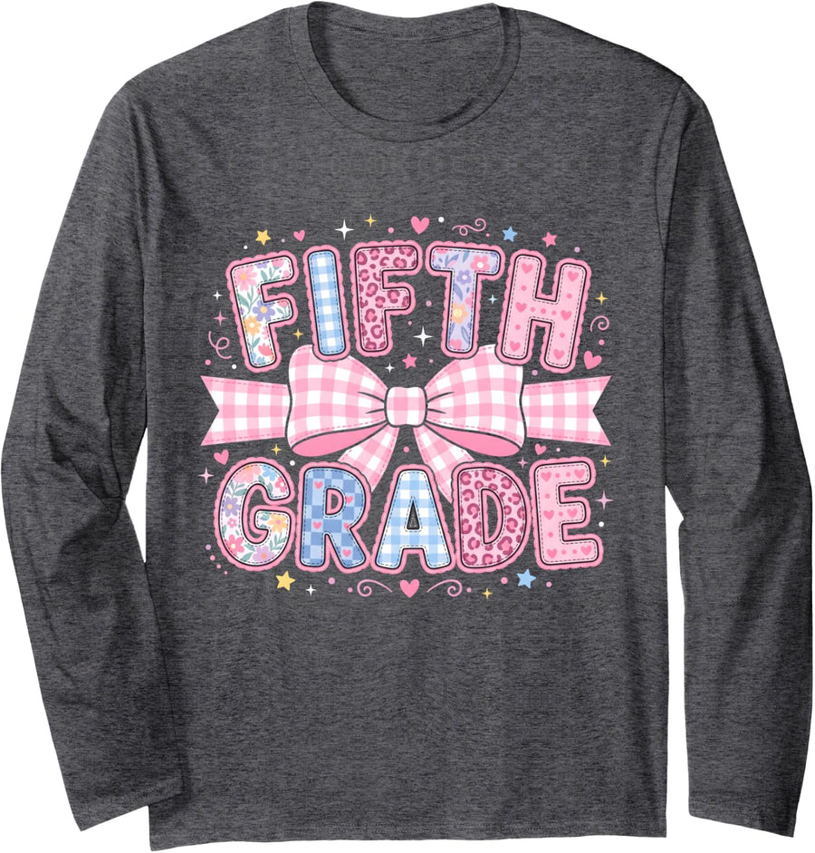 Preppy Fifth Grade Back to School Teacher Kids Coquette Bow Long Sleeve T-Shirt - Adult Unisex Dark Heather Grey