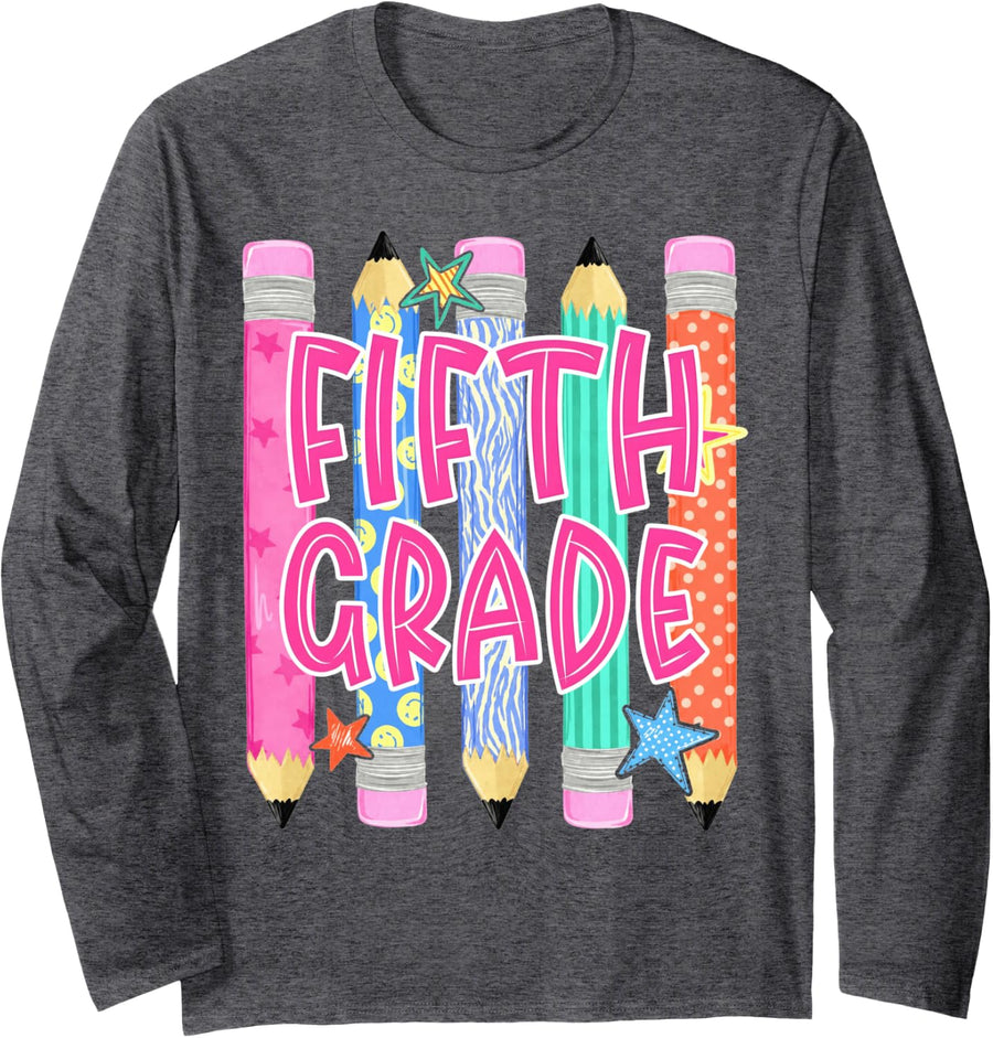 Back to School Fifth Grade Pencil Crayon Teacher Kid Long Sleeve T-Shirt - Adult Unisex Dark Heather Grey