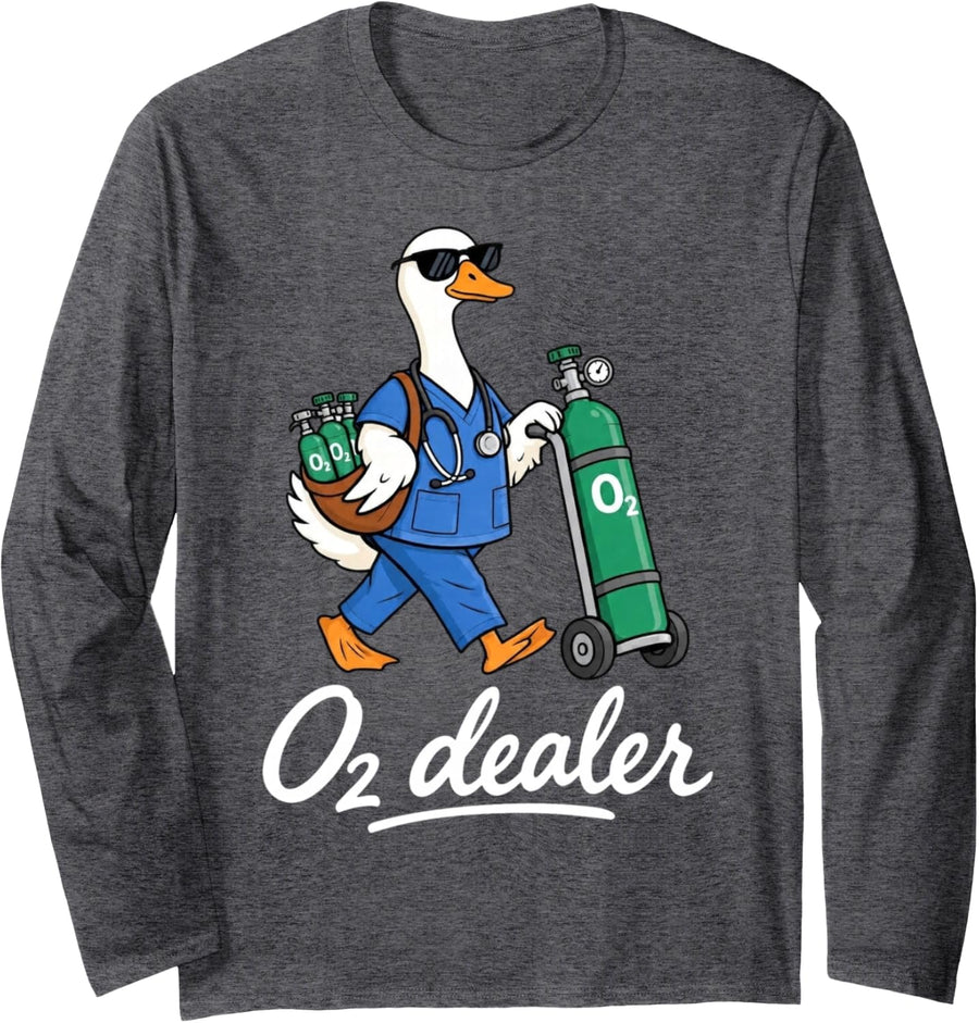 Respiratory Therapist RT Oxygen O2 Dealer Goose Lung Care Long Sleeve T-Shirt - Adult Unisex Dark Heather Grey