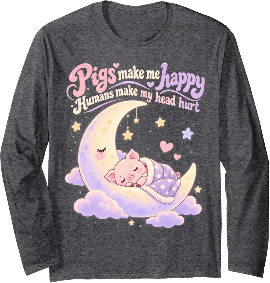 Pigs Make Me Happy Kawaii Piglet Funny Piggy Blanket Pig Long Sleeve T-Shirt - Adult Unisex Dark Heather Grey