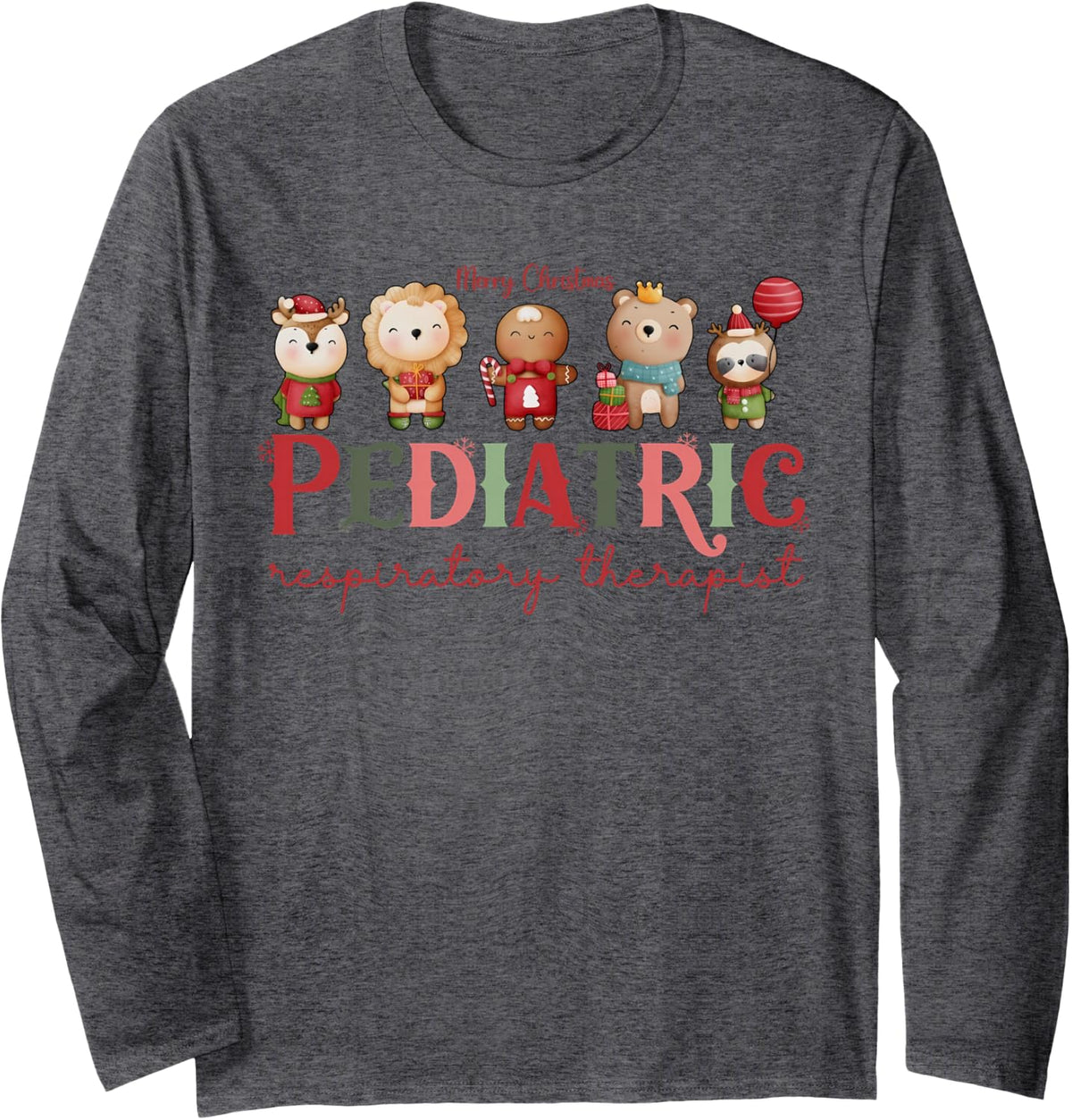 Cute Animal Pediatric Respiratory Therapist Christmas PEDS Long Sleeve T-Shirt - Adult Unisex Dark Heather Grey