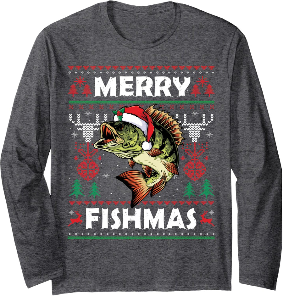 Merry Fishmas Bass Fish Fishing Christmas Ugly Sweater Xmas Long Sleeve T-Shirt - Adult Unisex Dark Heather Grey